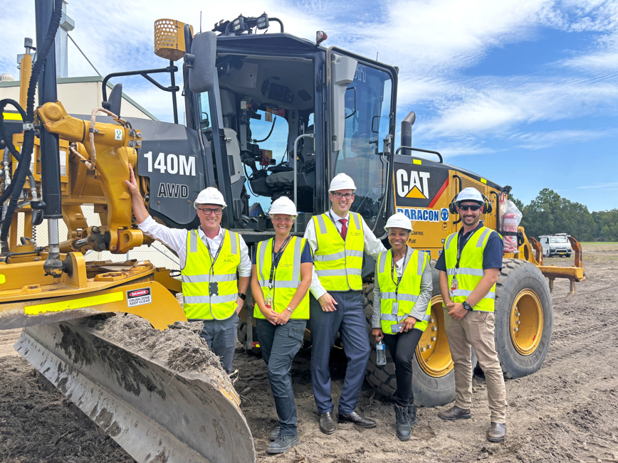 The Newcastle Airport team are celebrating the start of the airfield reconfiguration works.  (L-R)  Newcastle Airport: Executive GM Planning & Infrastructure Ben Kochanski, Contracts Manager  Catherine Gumley, Interim CEO Andrew Warrender, Senior Program Manager Raquel James-Wright, Project Manager Alistair Graham.