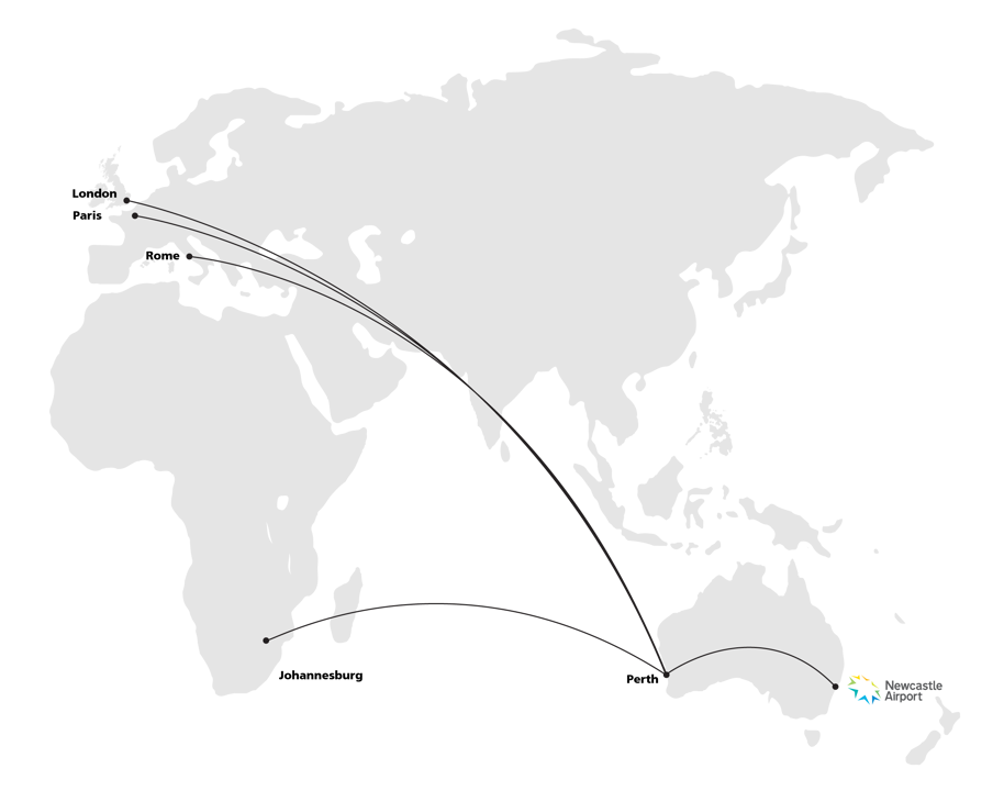 Route map showing Europe via Perth from Newcastle Airport